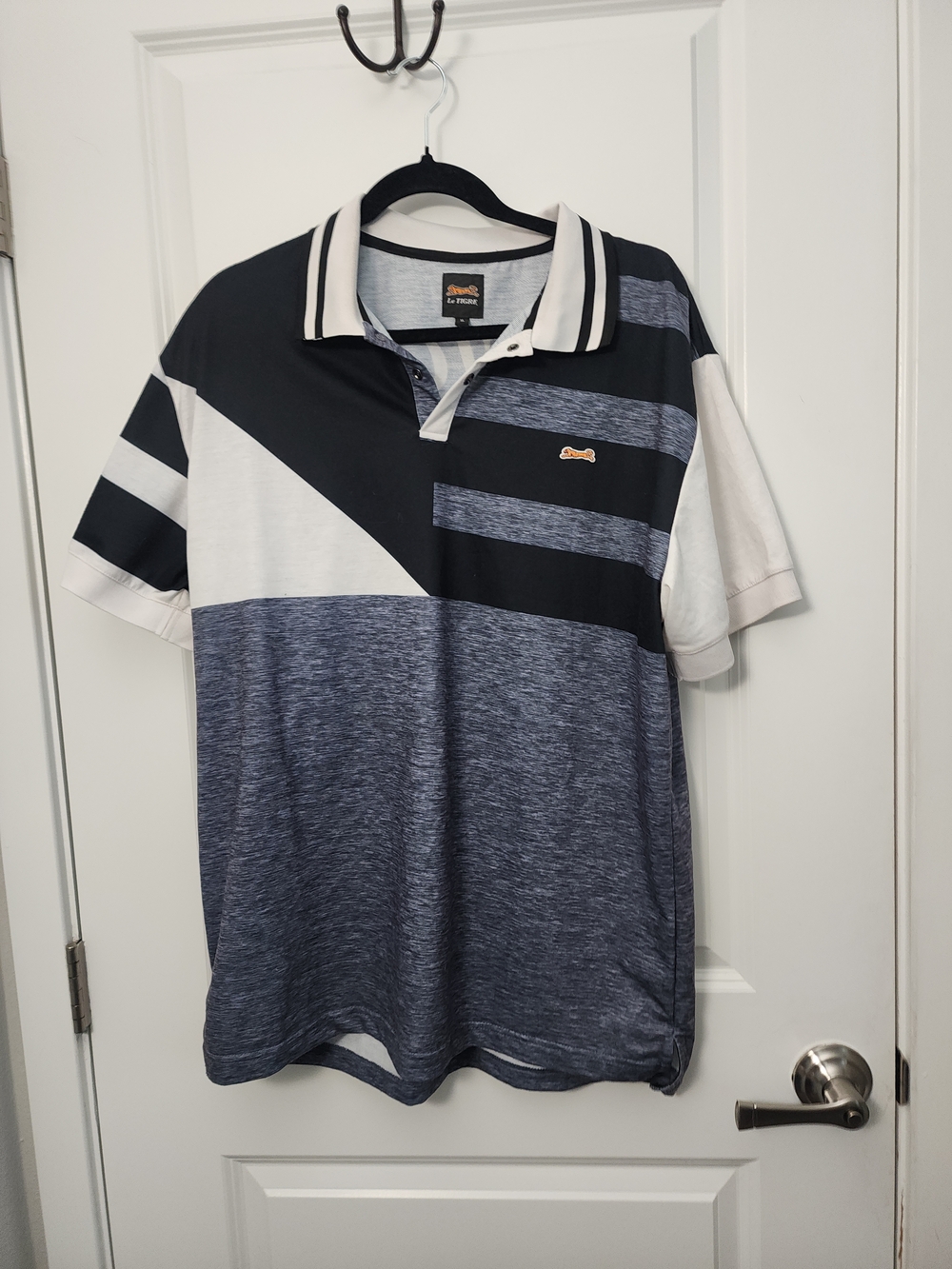 5/$30  Le Tigre Men's Black White & Heathered Grey Striped Polo - Picture 2 of 4